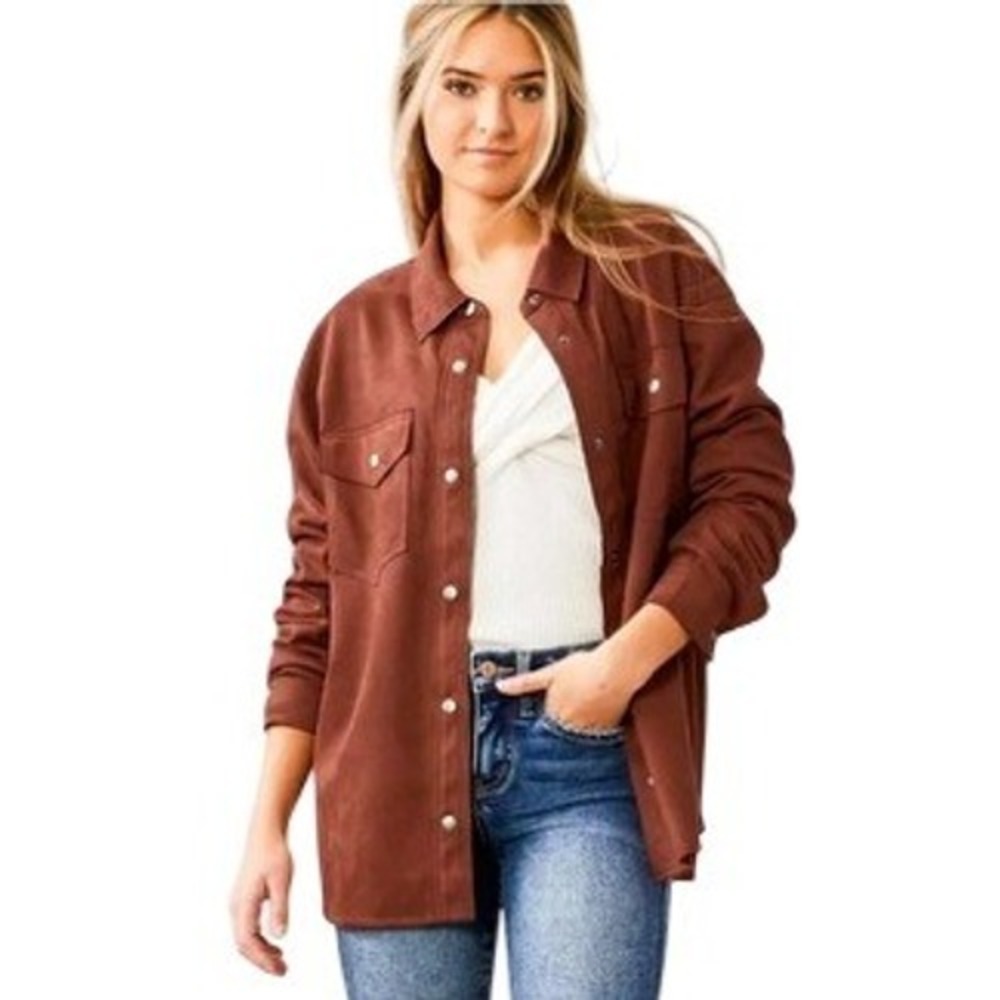 Willow & Root Faux Suede Button Front Long Sleeve‎ Shacket Women XL Brown